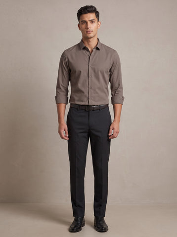 HE SPOKE Men's Mud Brown Solid Regular Fit Shirt