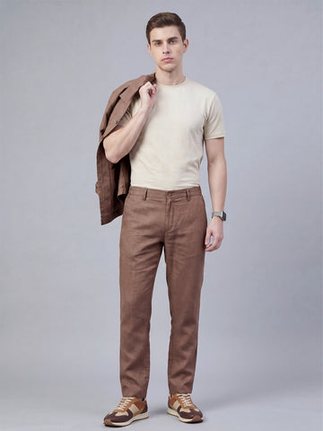 Men's Taupe Solid Breathable Linen Blend Trousers