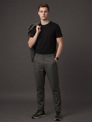 Men's Khaki Solid Breathable Linen Blend Trousers