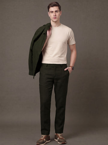 Men's Coffee Solid Breathable Linen Blend Trousers
