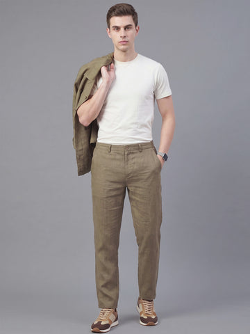 Men's MudBrown Solid Breathable Linen Blend Trousers