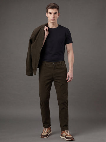 Men's Coffee Solid 2-Way Stretch  Casual Trousers