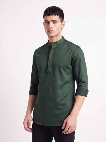 Solid Satin Stretch Bottle Green Kurta