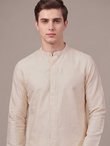 Men's Cream Solid Slub Silk Blend Kurta with Pyjamas