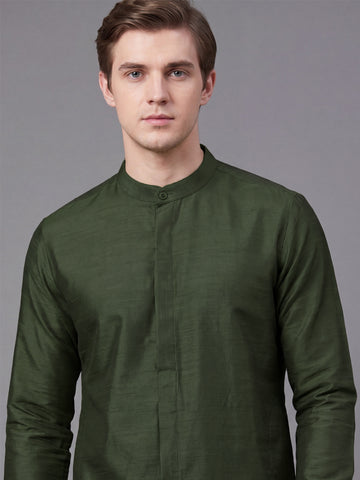 Men's Olive Solid Slub Silk Blend Kurta with Pyjamas