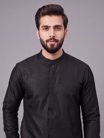 Men's Black Solid Slub Silk Blend Kurta with Pyjamas