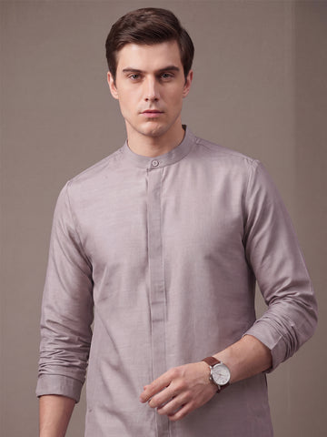 Men's Taupe Solid Slub Silk Blend Kurta with Pyjamas