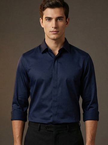 Men's Navy Solid PC Sateen Stretch Formal Shirt