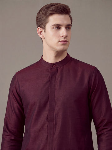 Men's Maroon Solid Slub Silk Blend Kurta with Pyjamas