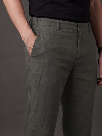 Men's Khaki Solid Breathable Linen Blend Trousers
