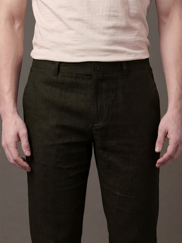 Men's Coffee Solid Breathable Linen Blend Trousers