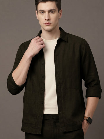 Men's Coffee Breathable Linen Blend Shacket