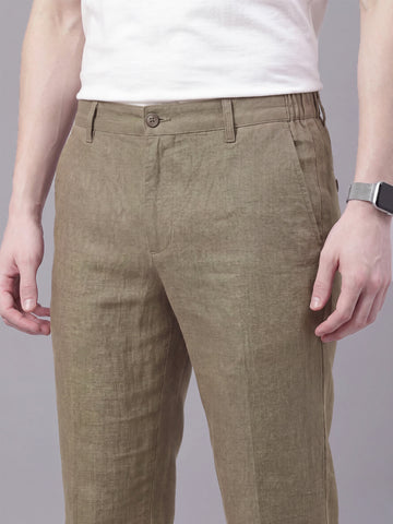 Men's MudBrown Solid Breathable Linen Blend Trousers