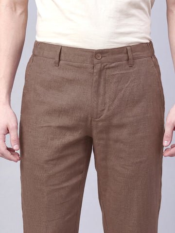 Men's Taupe Solid Breathable Linen Blend Trousers