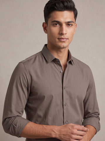 HE SPOKE Men's Mud Brown Solid Regular Fit Shirt