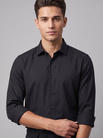 HE SPOKE Men's Black Solid Regular Fit Shirt
