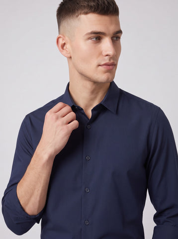 HE SPOKE Men's Navy Blue Solid Regular Fit Shirt
