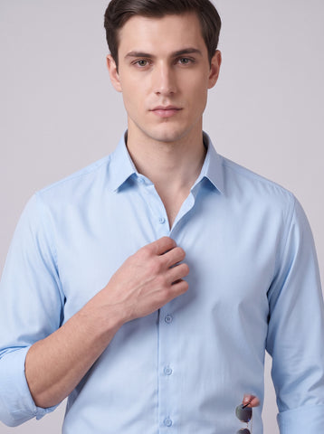 HE SPOKE Men's Sky Blue Solid Regular Fit Shirt