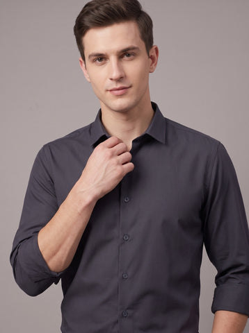 HE SPOKE Men's Dark Grey Solid Regular Fit Shirt