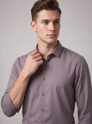 HE SPOKE Men's Mud Grey Solid Regular Fit Shirt