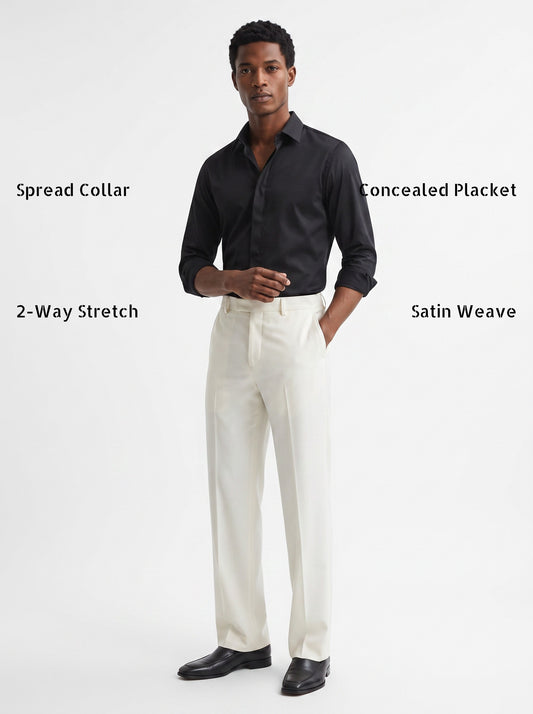 Men's Black Solid PC Sateen Stretch Formal Shirt