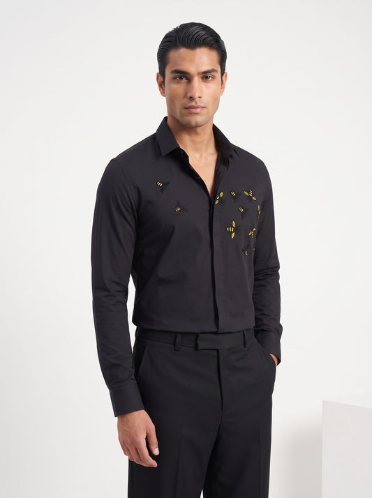 Animal Printed Satin Stretch Black Shirt