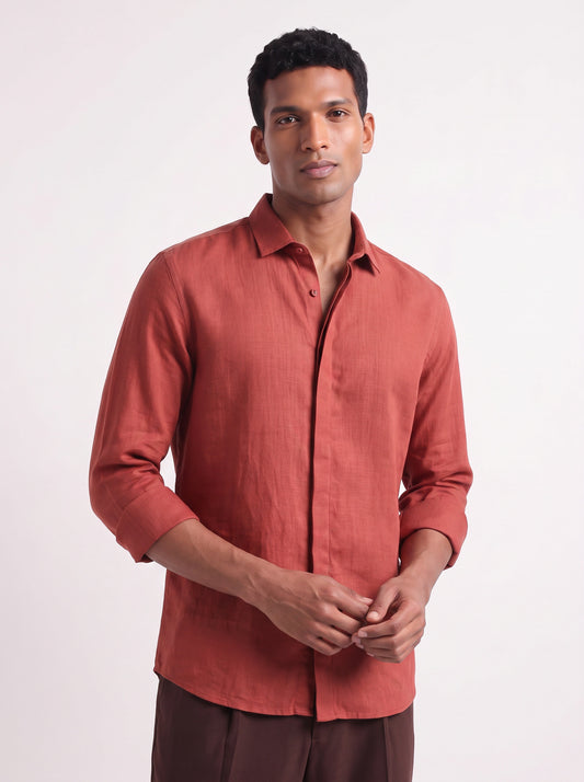 Men's BurntOrange Solid Breathable Perfume-Finish Shirt