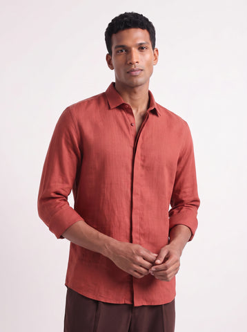 Solid Cotton Linen Look Burnt Orange Shirt