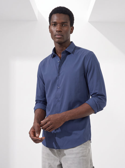 Men's Indigo Blue Solid Breathable Wrinkle-Free Regular Fit Shirt