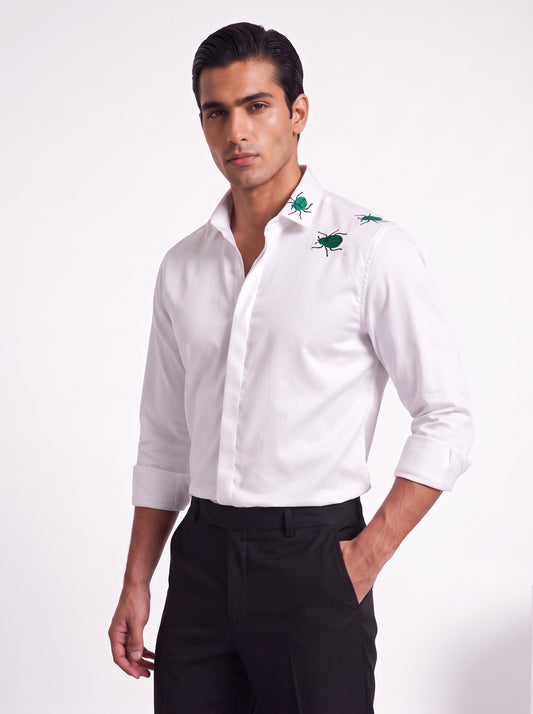 Animal Printed Satin Stretch White Shirt