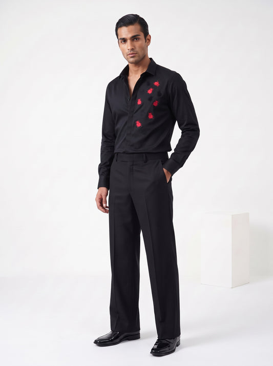 Animal Printed Satin Stretch Black Shirt