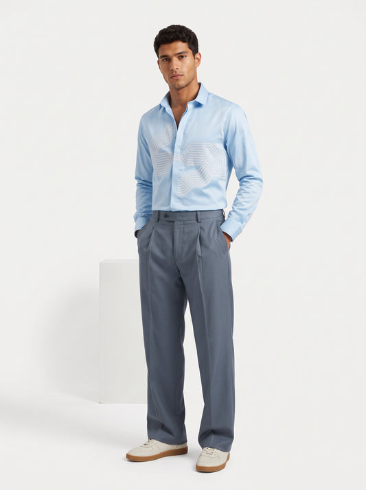 Printed Satin Stretch Powder Blue Shirt