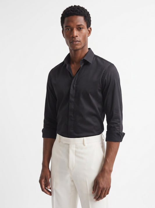 Men's Black Solid PC Sateen Stretch Formal Shirt