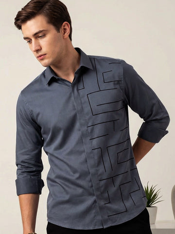 SatinPro-Max: Cotton Satin 2-Way Stretch Geometric Foil Printed Party Shirt