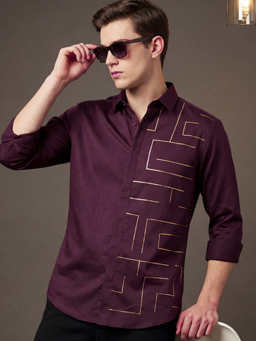 SatinPro-Max: Cotton Satin 2-Way Stretch Geometric Foil Printed Party Shirt