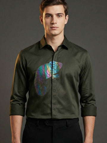 SatinPro-Max: Cotton Satin 2-Way Stretch Animal Foil Printed Party Shirt