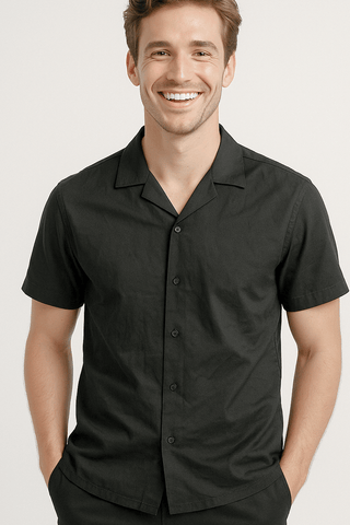 Black Solid Cotton Twill Casual Shirt