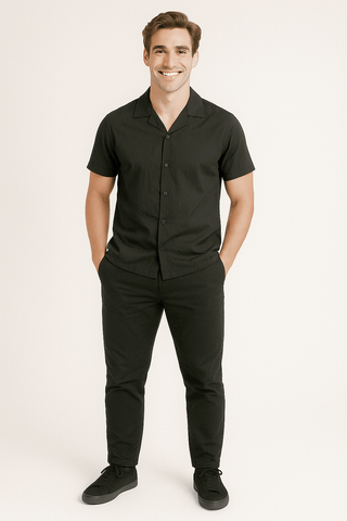 Black Solid Cotton Twill Casual Shirt