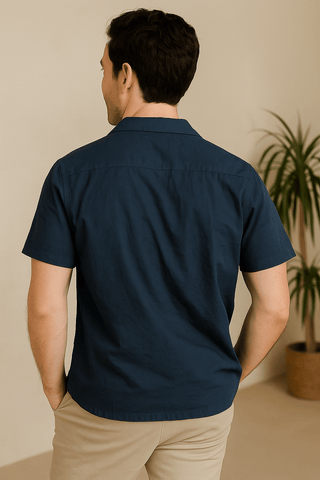 Navy Solid Cotton Twill Casual Shirt