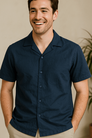 Navy Solid Cotton Twill Casual Shirt