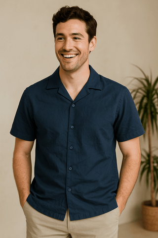 Navy Solid Cotton Twill Casual Shirt