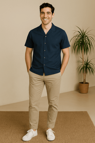 Navy Solid Cotton Twill Casual Shirt
