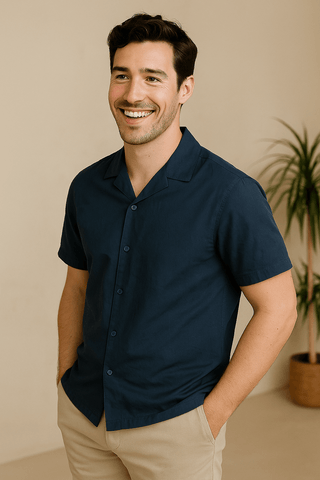 Navy Solid Cotton Twill Casual Shirt
