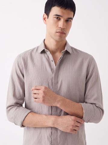Solid Cotton Linen Look Light Grey Shirt