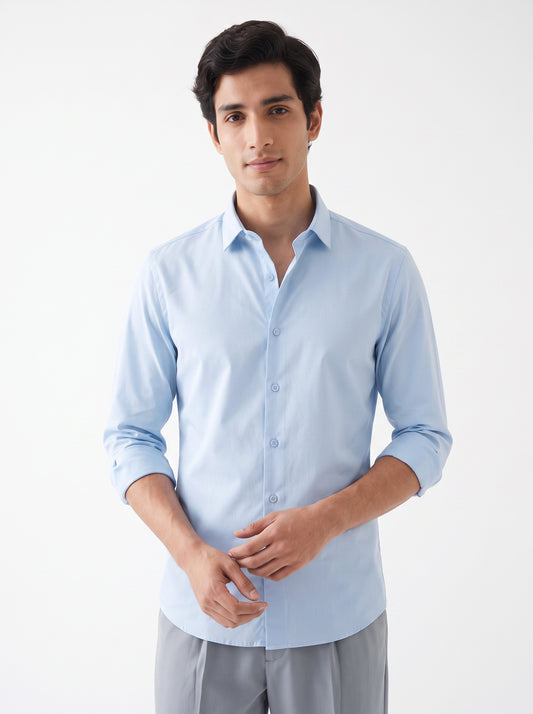 Men's Sky Blue Solid Breathable Wrinkle-Free Regular Fit Shirt