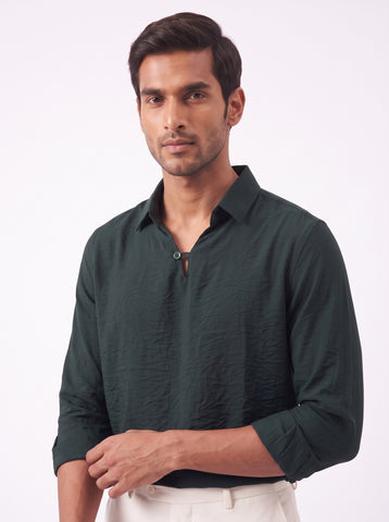 Solid Airy Crinkled Bottle Green Shirt
