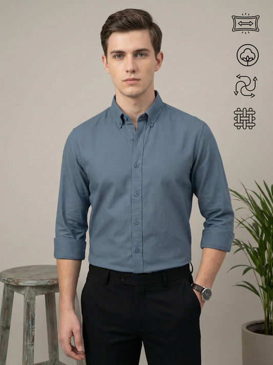 TrueOxford: Oxford Cotton 2-Way Stretch Solid Smart Casual Shirt