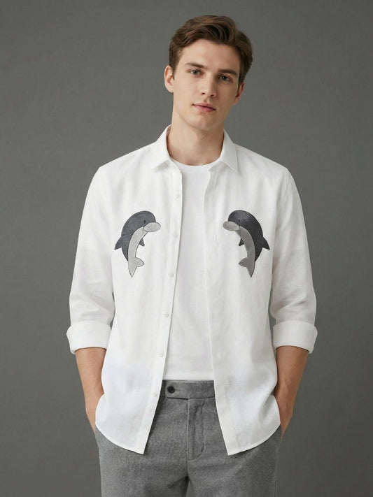 FreshAura: Perfume Finish Cotton Linen Animal Embroidered Smart Casual Shirt