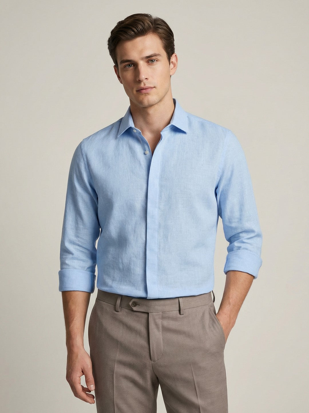 Solid Cotton Linen Look Sky Shirt