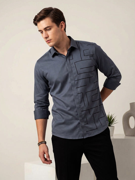 SatinPro-Max: Cotton Satin 2-Way Stretch Geometric Foil Printed Party Shirt